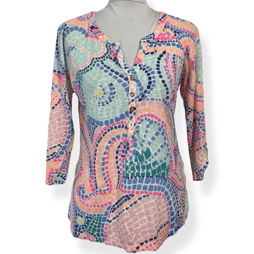 Lilly Pulitzer 100% Linen Slub‎ Henley Top Size S Rainbow Egret Tile Wave Boho